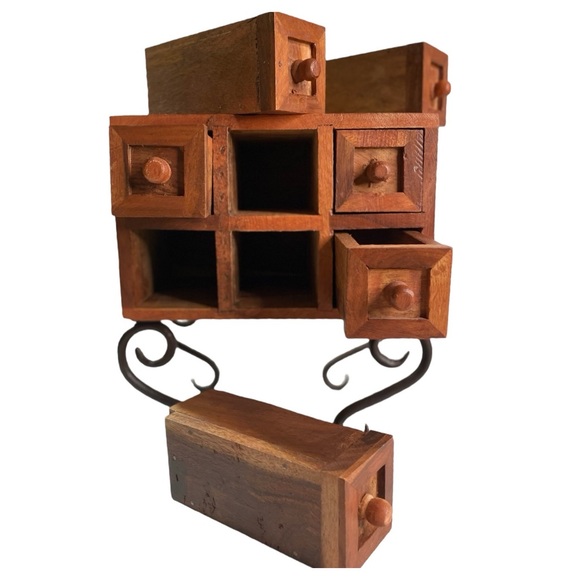 Balinese Wooden Jewelry Box Has 6 Distinct Pull Out Drawers on Wrought Iron Legs - Picture 8 of 16